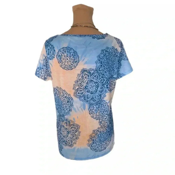 CHICOS Zenergy Tie-Dye Medallion-Print Tee T Shirt Blue Orange Blouse - Picture 6 of 8